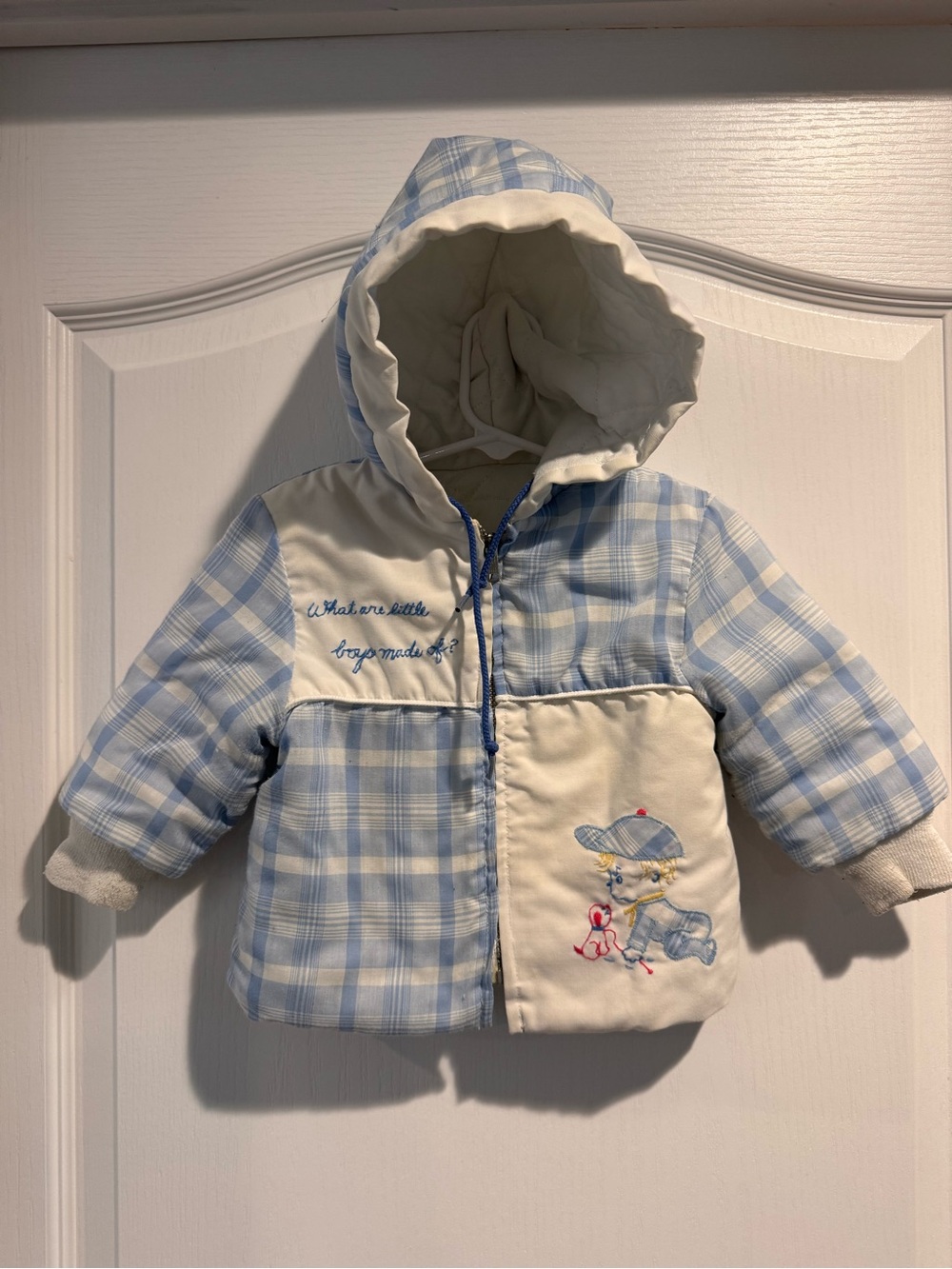 Vintage Hooded Puffer Jacket with Embroidered Baby and Puppy